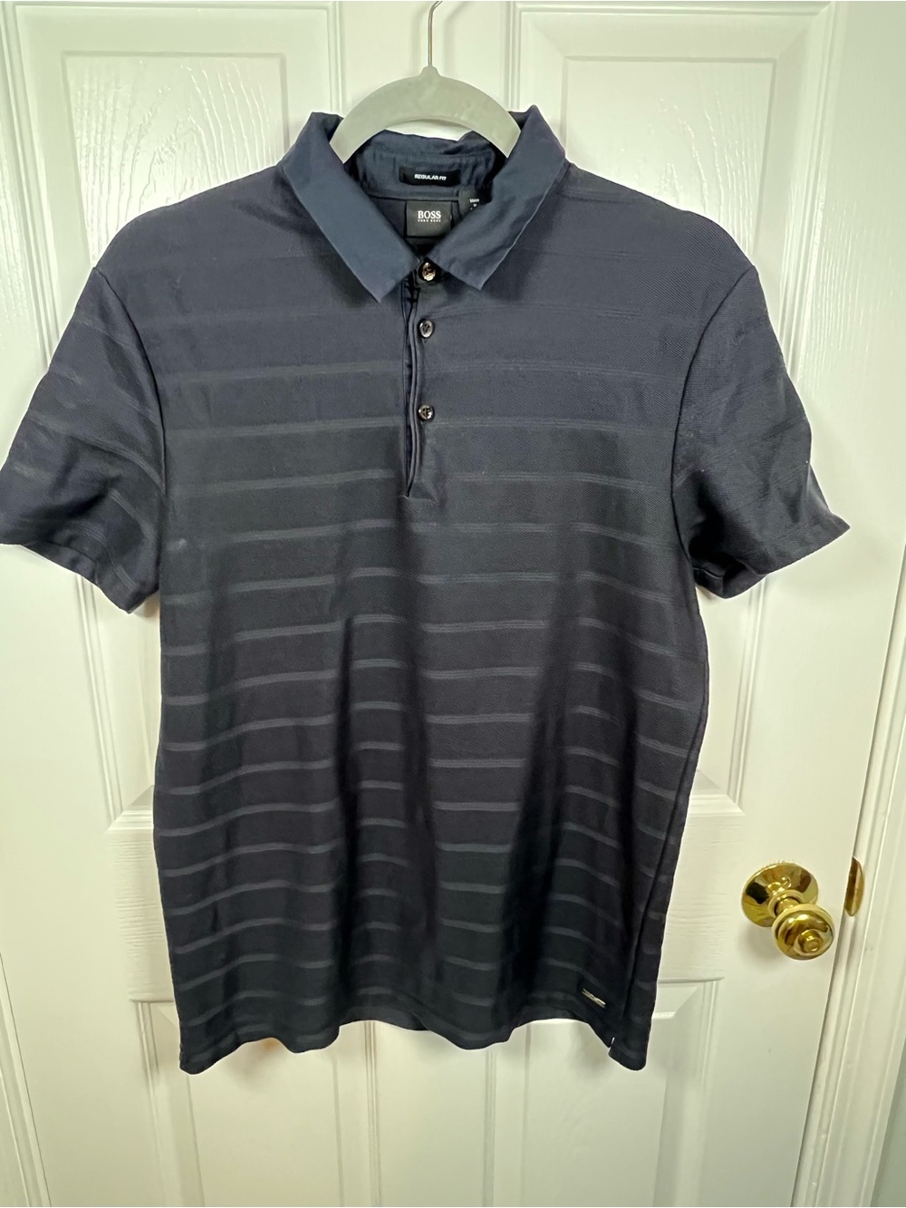 BOSS Men's Dark Navy Short-Sleeve Polo with Subtle Stripes (IN#12)